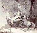 Horses Fighting On A Woodland Path Thomas Rowlandson black and white